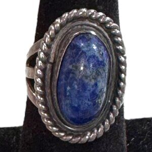 Vintage Sterling Silver & Lapis Lazuli Statement Ring Size 6.25 Rope Border SW